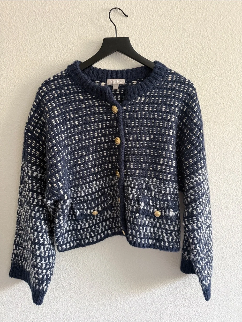 J. Crew Navy and White Textured Knit Cardigan with Gold Buttons